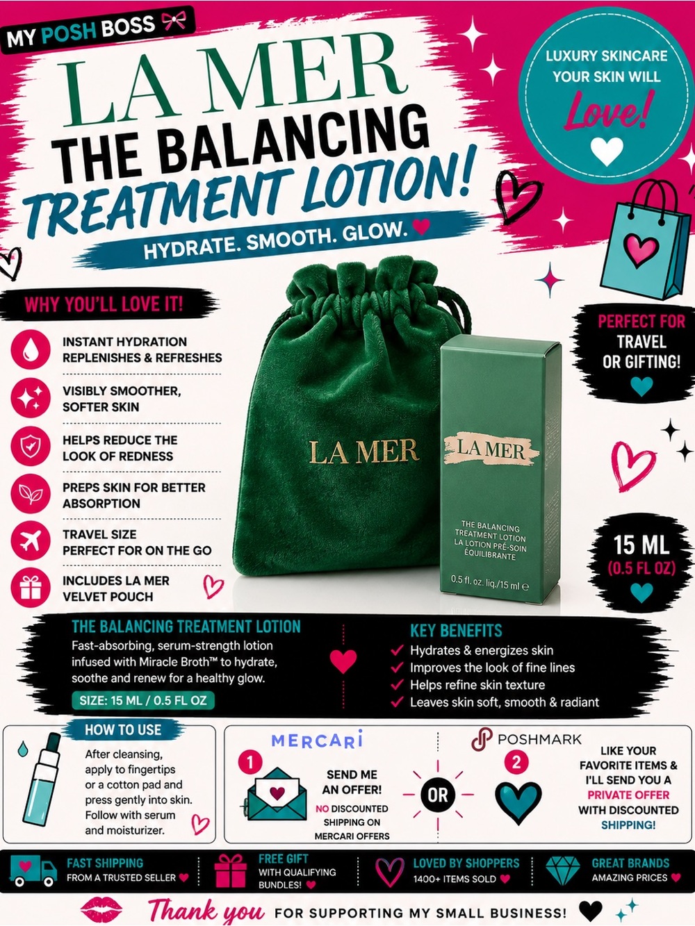 La Mer The Balancing Treatment Lotion 15ML with Green Velvet Pouch
